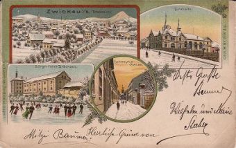 Historická pohlednice - pivovar v zimě